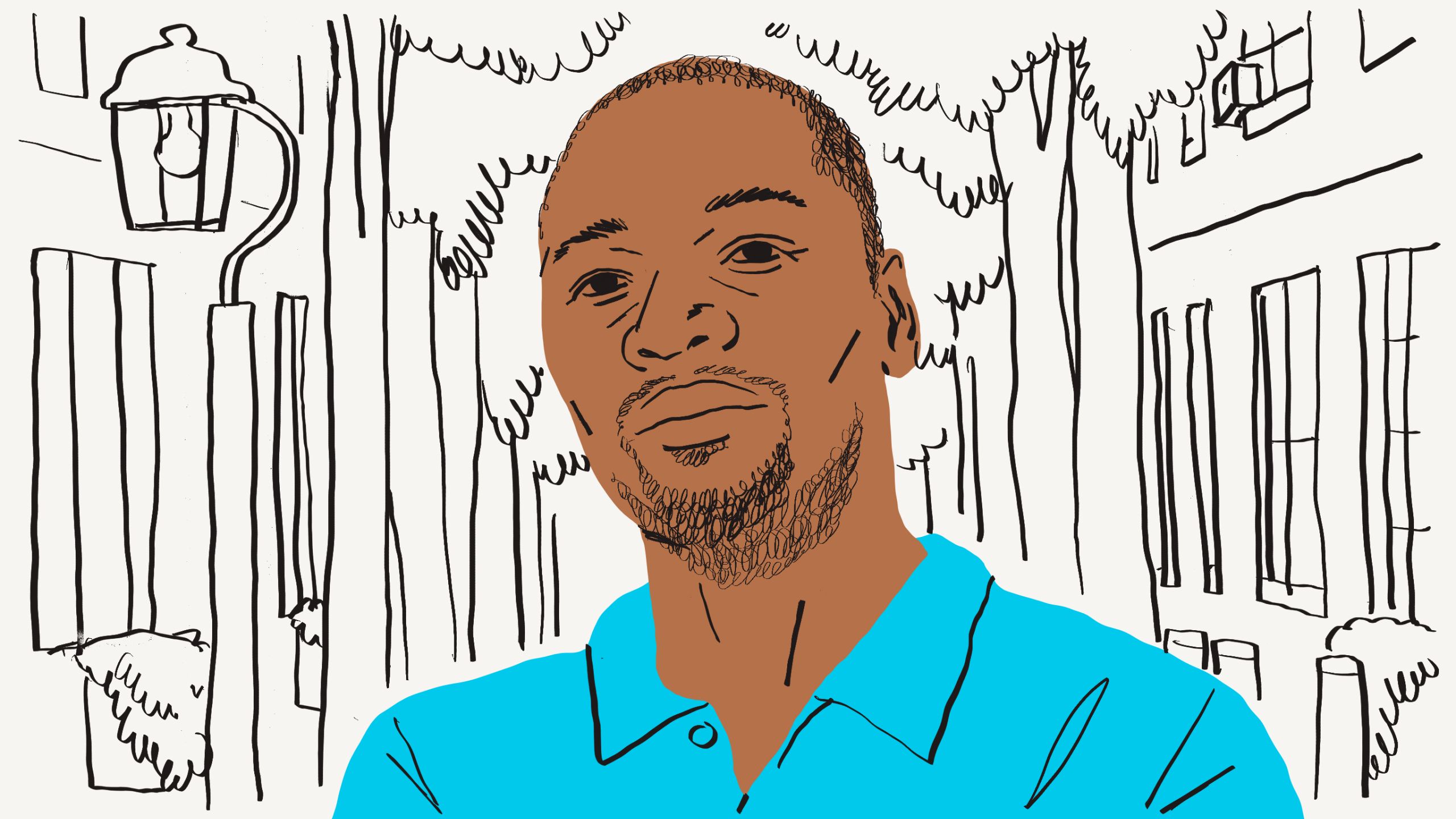 Illustration of a person wearing a turquoise shirt in front of trees